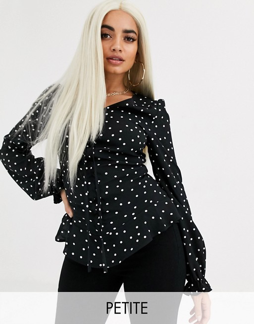 PrettyLittleThing Petite shirt with gathered front detail in black polka dot