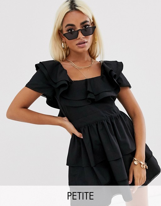 PrettyLittleThing Petite square neck dress with tiered frill detail in black