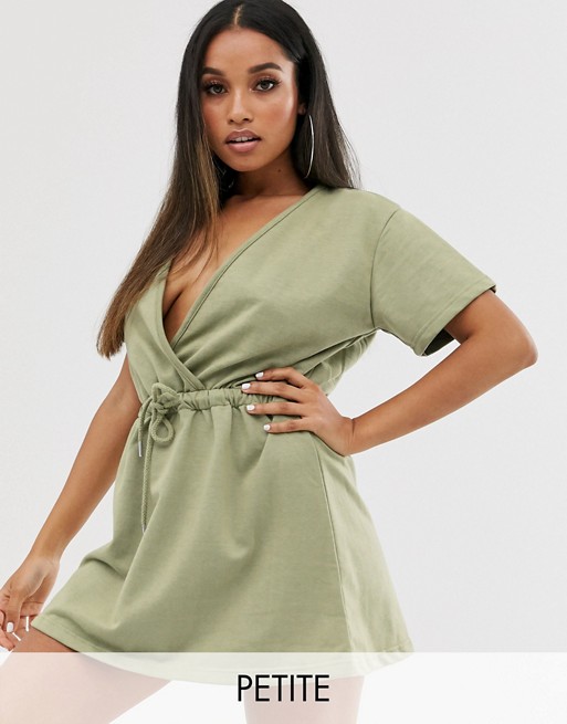 PrettyLittleThing Petite sweat mini dress with wrap front in green