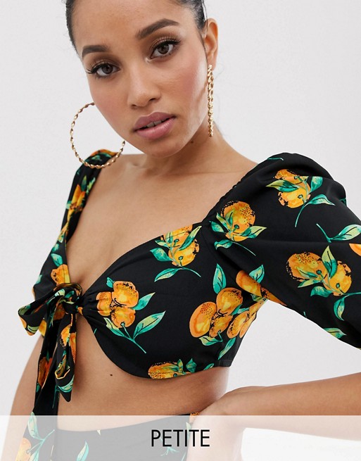 Image result for PrettyLittleThing Petite - Short top fastened on the front with coordinated fruit print