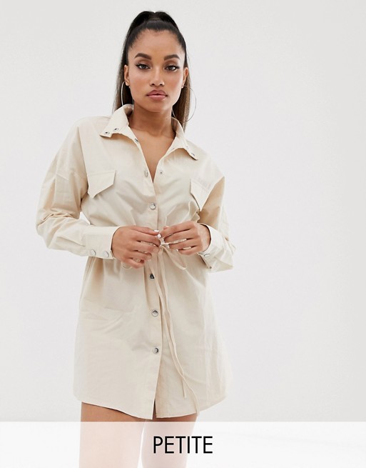 PrettyLittleThing Petite utility shirt dress with drawstring waist in sand