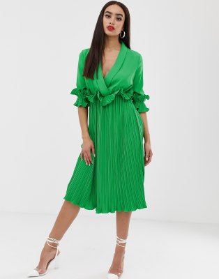 emerald green frill detail pleated midi dress