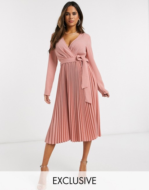 PrettyLittleThing pleated midi dress with long sleeve in blush