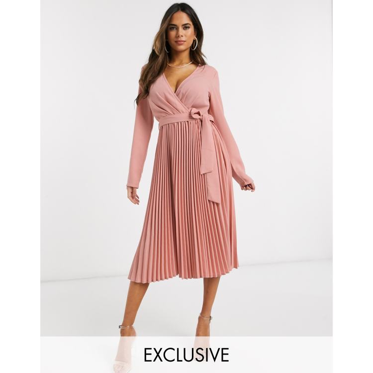 PrettyLittleThing pleated midi dress with long sleeve in blush ASOS