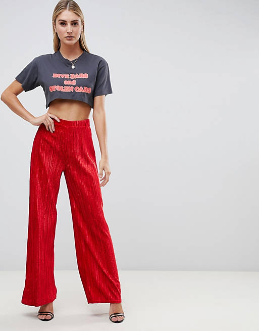 PrettyLittleThing pleated velvet wide leg trouser in red | ASOS
