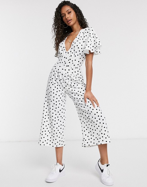 PrettyLittleThing pleated waist culotte jumpsuit in white polka dot