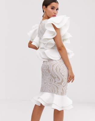 white ruffle detail plunge midi dress