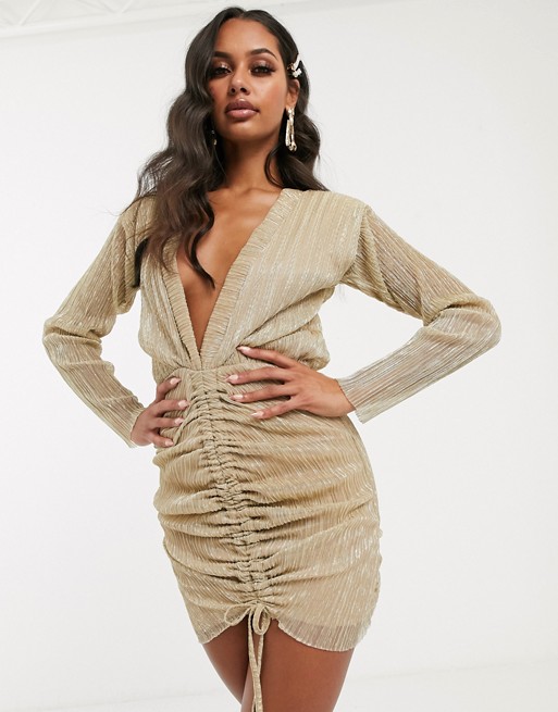 PrettyLittleThing plunge mini dress with ruched detail in gold