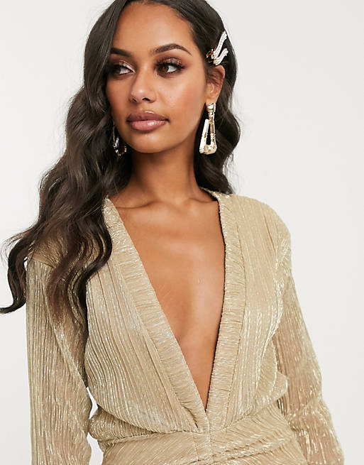 To govern Odorless Not enough PrettyLittleThing plunge mini dress with ruched detail in gold | ASOS