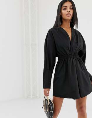 black plunge ruched tortoise belted bodycon shirt dress