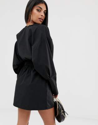 black plunge ruched shirt dress