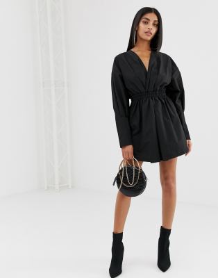 black plunge ruched shirt dress