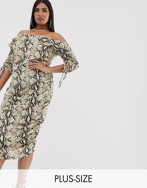 PrettyLittleThing Plus bardot dress with ruched side in snake