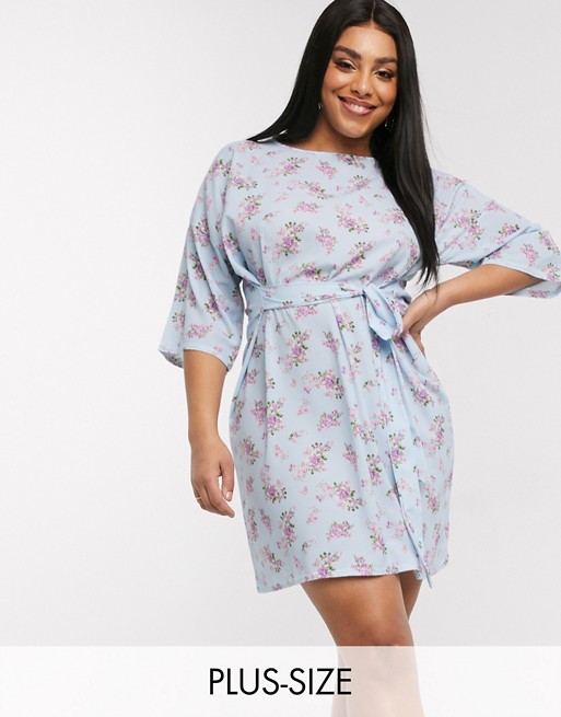 PrettyLittleThing Plus belted mini dress in ditsy floral print