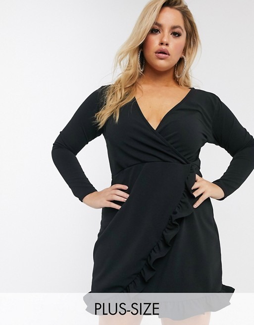 PrettyLittleThing Plus belted mini dress with frill hem in black