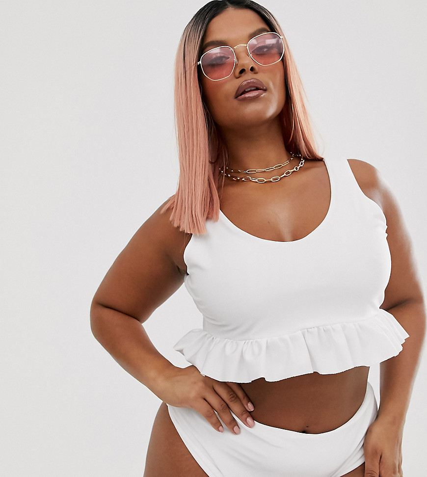 PrettyLittleThing Plus bikini top with frill detail in white