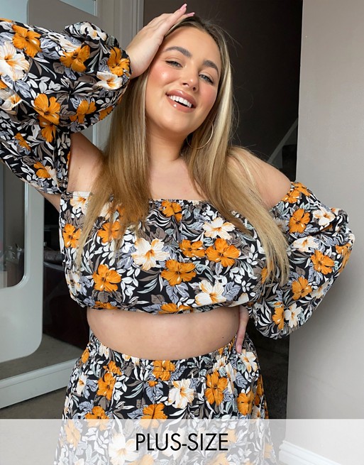 PrettyLittleThing Plus co-ord bardot crop top in floral print
