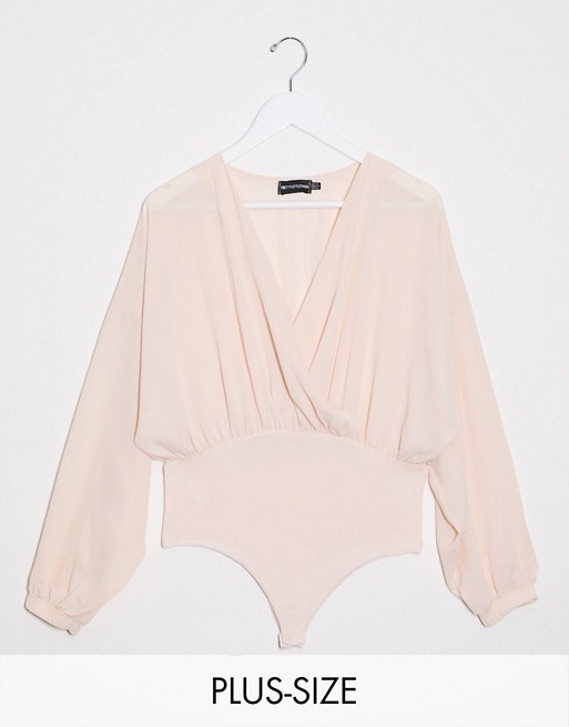 PrettyLittleThing Plus crepe wrap front bodysuit in blush