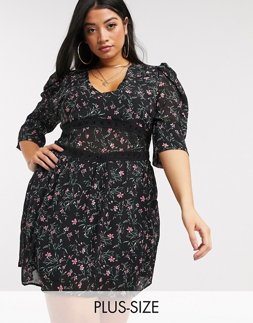 PrettyLittleThing Plus dress with puff sleeves in black floral