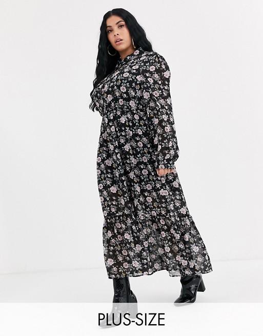 PrettyLittleThing Plus exclusive maxi shirt dress in dark floral