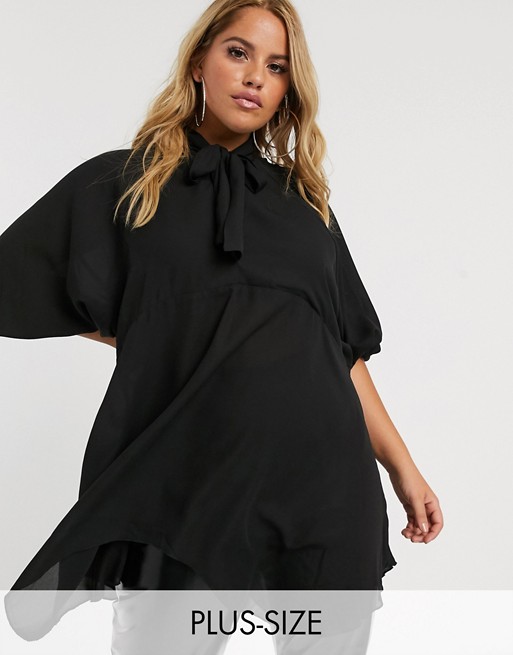 PrettyLittleThing Plus floaty tunic dress with tie neck in black