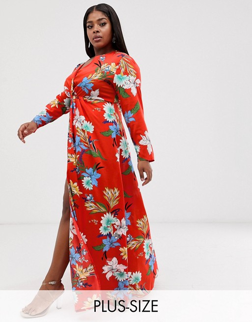 PrettyLittleThing Plus maxi dress with twist front in red floral