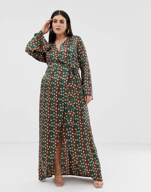 PrettyLittleThing Plus – Maxikleid zum Wickeln mit seitlicher Schnürung und grünem Zickzackmuster, 4 von 4