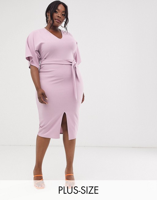 PrettyLittleThing Plus midi dress with belted waist in lilac