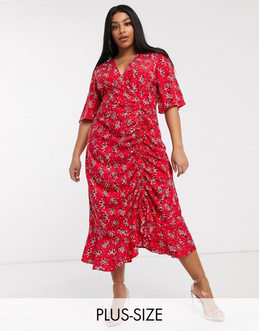 PrettyLittleThing Plus midi dress with ruched detail in red ditsy ...