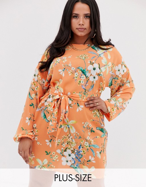 PrettyLittleThing Plus mini dress with tie front in orange floral