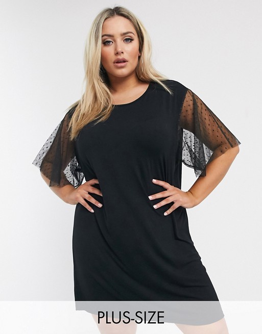PrettyLittleThing Plus mini t-shirt dress with dobby mesh sleeves in black