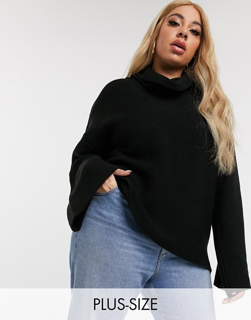 PrettyLittleThing Plus oversized jumper with high neck in black