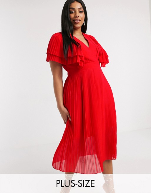PrettyLittleThing Plus pleated midaxi dress with frills in red