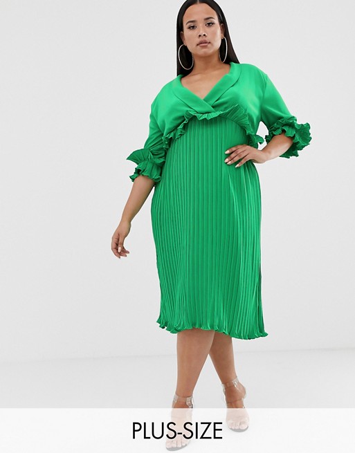 PrettyLittleThing Plus pleated midi dress with frill detail in green
