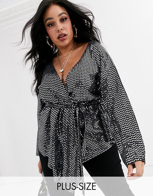 PrettyLittleThing Plus sequin wrap top in silver