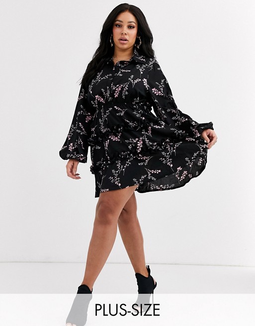 PrettyLittleThing Plus shirt dress with tiered skirt in black ditsy print