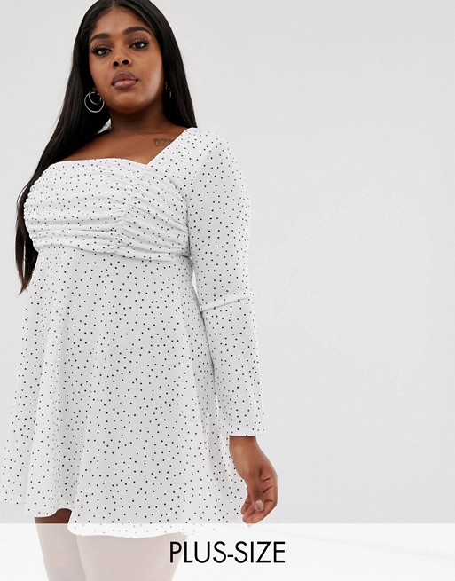 PrettyLittleThing Plus skater dress with square neck and ruched detail in white polka dot