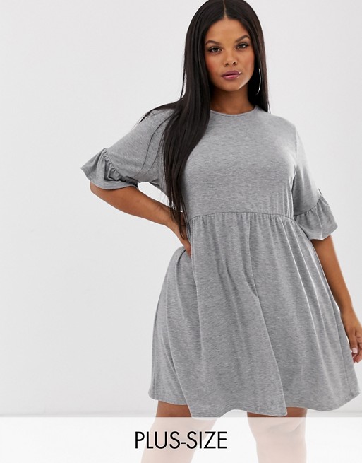 PrettyLittleThing Plus smock dress with frill detail in grey