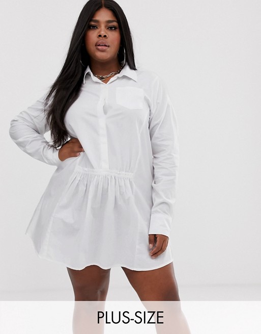PrettyLittleThing Plus smock shirt dress with pleat detail in white