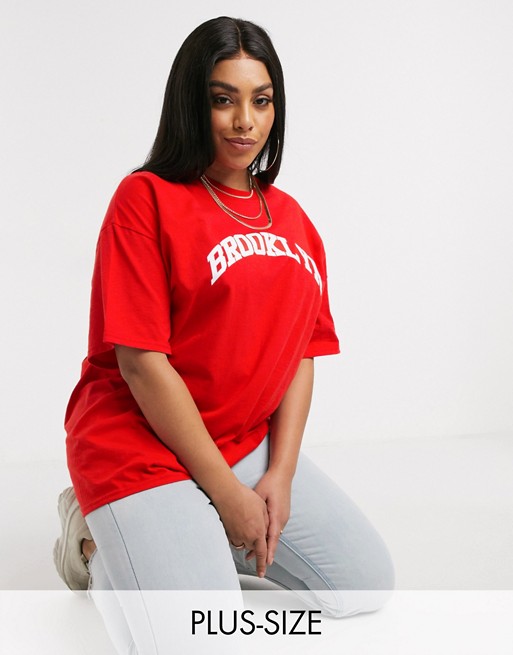 PrettyLittleThing Plus t-shirt with Brooklyn slogan in red
