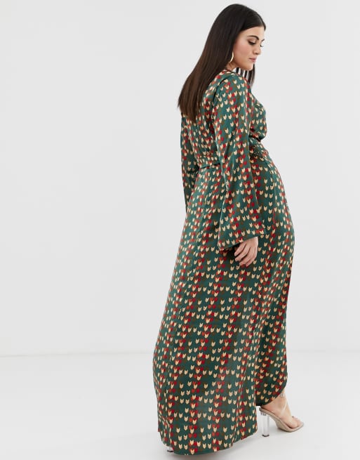 PrettyLittleThing Plus tie side wrap front maxi dress in green chevron  print | ASOS