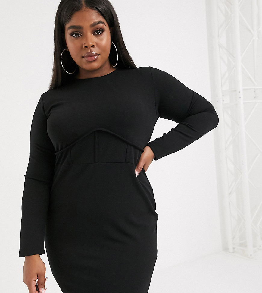 PrettyLittleThing Plus - Vestito a fascia con dettaglio stile corsetto nero