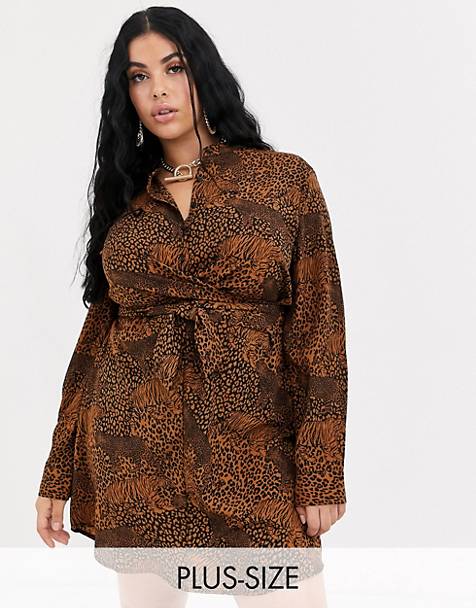 PrettyLittleThing Plus - Vestito camicia allacciato in vita leopardato