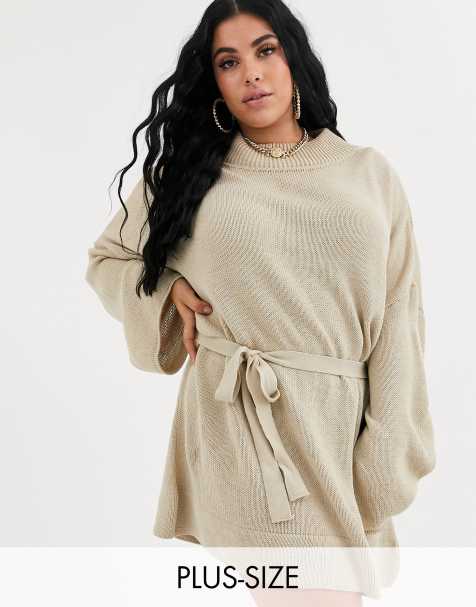 PrettyLittleThing Plus - Vestito maglia allacciato in vita color pietra