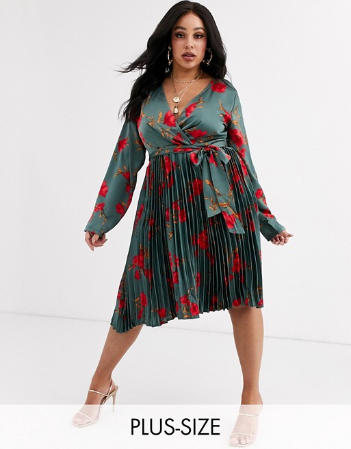 PrettyLittleThing Plus wrap front pleated midi dress in teal floral