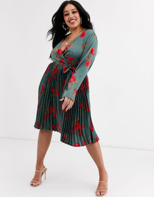 Plus Emerald Green Floral Print Long Sleeve Pleated Midi Dress