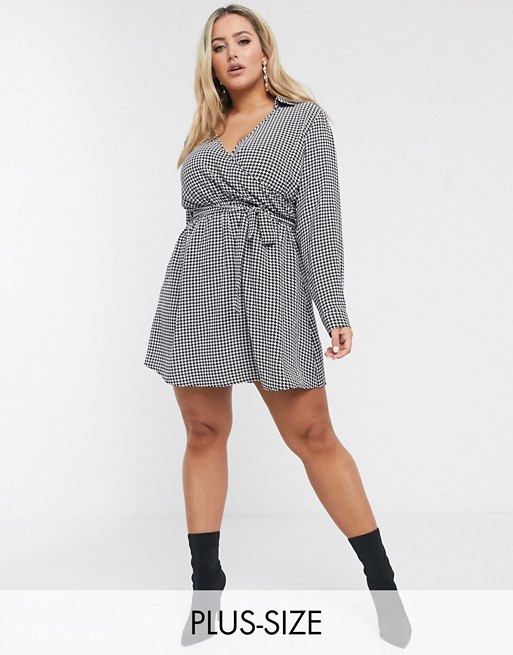 PrettyLittleThing Plus wrap front shirt dress in black and white dogtooth