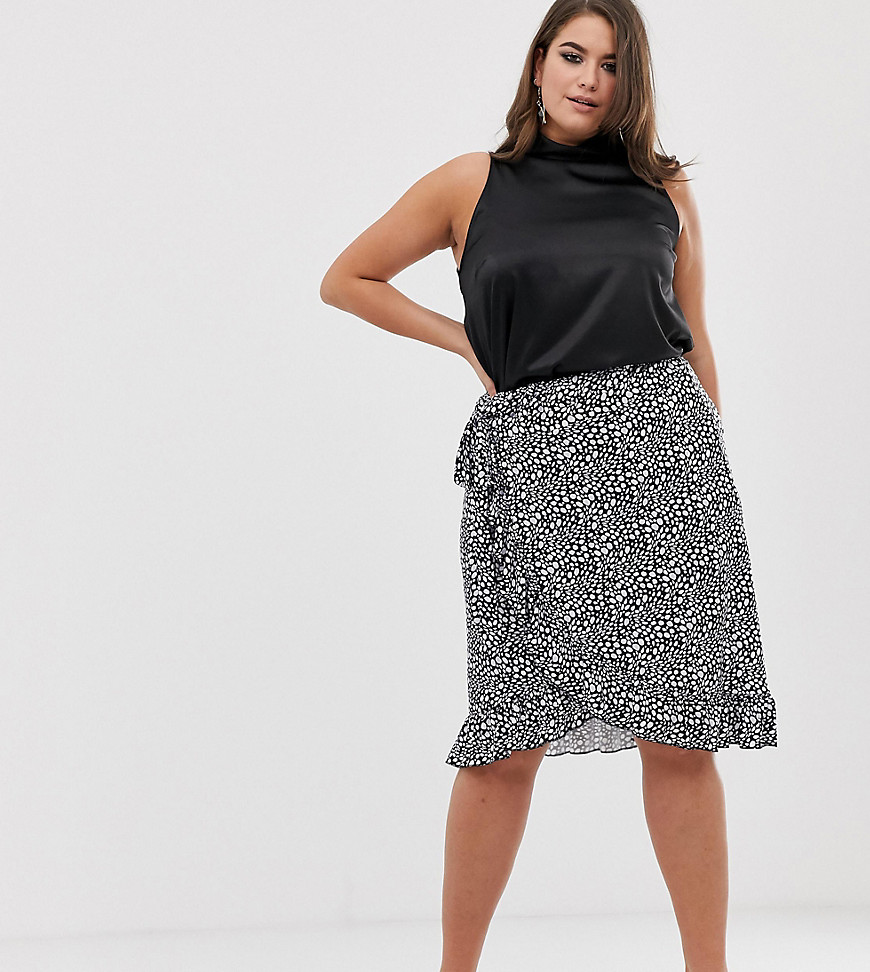 PrettyLittleThing Plus wrap midi skirt with frill hem in mono spot-Multi