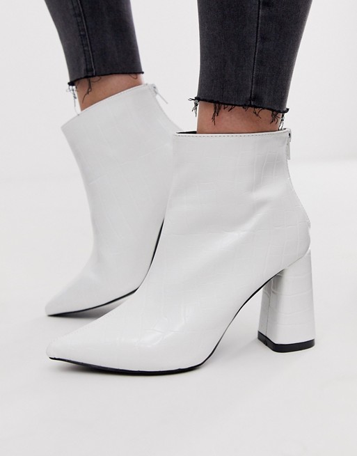 PrettyLittleThing pointed heeled ankle boots in white croc