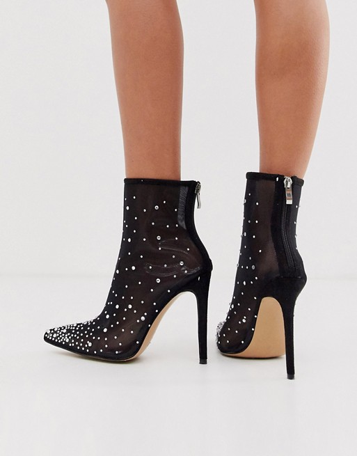 PrettyLittleThing pointed heeled boots with diamante embellishment in black